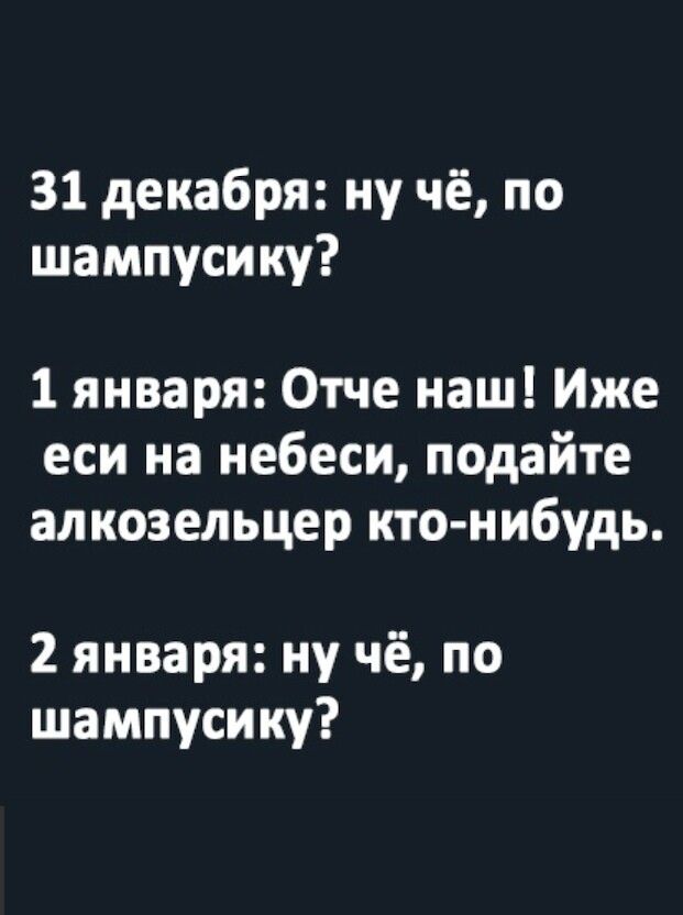 31 декабря ну чё по шампусику 1 января Отче наш Иже еси на небеси подайте алкозельцер кто нибудь 2 января ну чё по шампусику