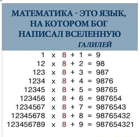 МАТЕМАТИКА ЭТО ЯЗЬЩ Н_АКОТОРОМБОГ НА1ШСАЛВСЕПЕННУЮ ГАЛИЛЕЙ 1 8 1 9 12 8 2 98 123 8 3 987 1234 8 4 9876 12345 8 5 98765 123456 8 6 987654 1234567 8 7 9876543 12345678 8 8 98765432 123456789 8 9 987654321