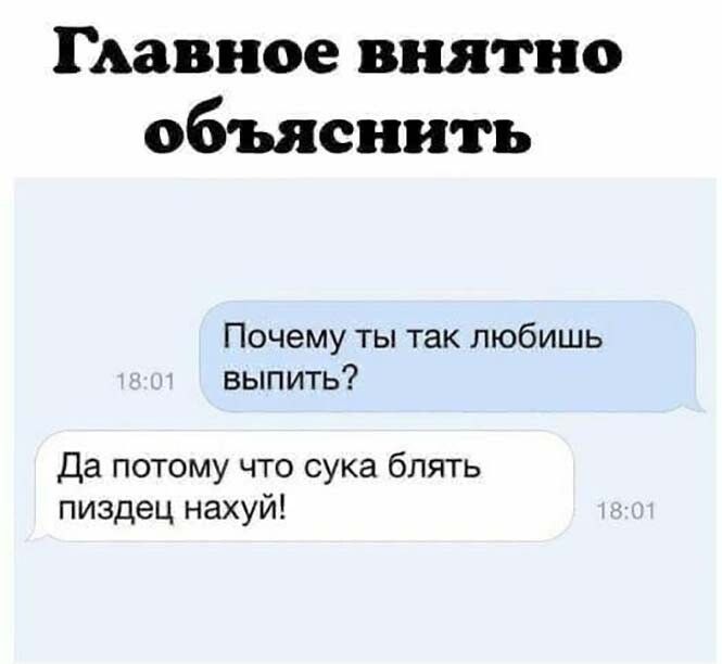 ГАавное внятно объяснить Почему ты так любишь выпить да потому что сука блять пиздец нахуй