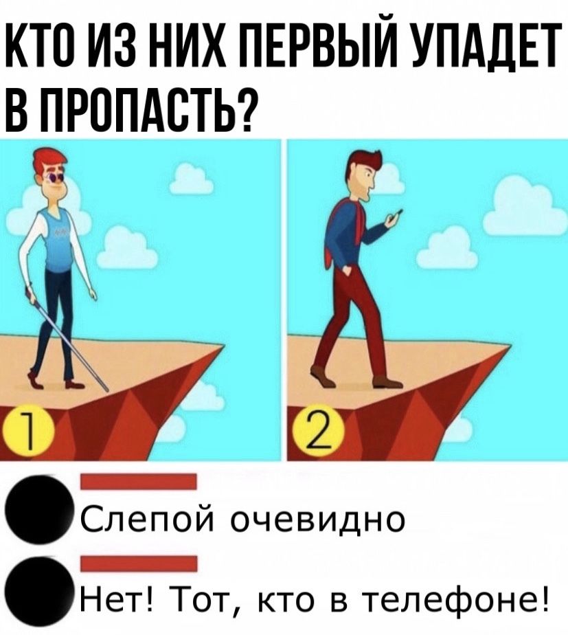 КТО ИЗ НИХ ПЕРВЫЙ УПАДЕТ В ПРОПАСТЬ _ Слепой очевидно _ Нет Тот кто в телефоне