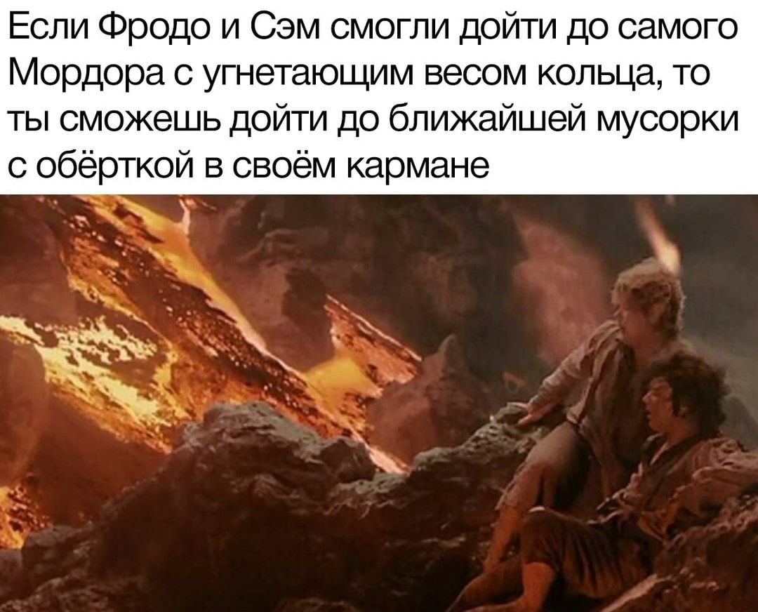 Если Фродо и Сэм смогли дойти до самого Мордора с угнетающим весом кольца то ты сможешь дойти до ближайшей мусорки с обёрткой в своём кармане