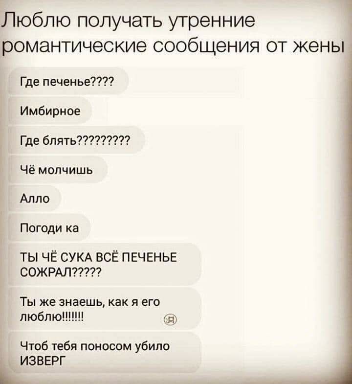 Люблю получать утренние РОМЭНТИЧЭСКИЭ СООбЩЭНИЯ ОТ ЖЭНЫ Где печенье Имбирное Где блять Чё молчишь Алло Погоди ка ТЫ ЧЁ СУКА ВСЁ ПЕЧЕНЬЕ СОЖРАЛ Ты же знаешь как я его люблю Чтоб тебя поносом убило ьИЗВЕРГ