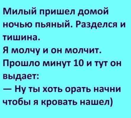 Милый пришел домой ночью пьяный Разделся и тишина Я молчу и он молчит Прошло минут 10 и тут он выдает Ну ты хоть орать начни чтобы я кровать нашел