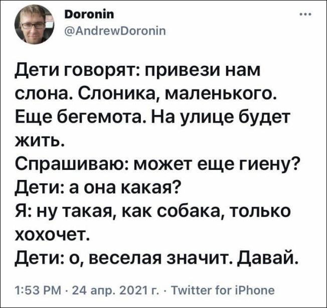 Вогопіп АпсігешВогопіп Дети говорят привези нам слона Слоника маленького Еще бегемота На улице будет жить Спрашиваю может еще гиену Дети а она какая Я ну такая как собака только хохочет дети 0 веселая значит давай 153 РМ 24 апр 2021 г Тшіпег тог іРПопе
