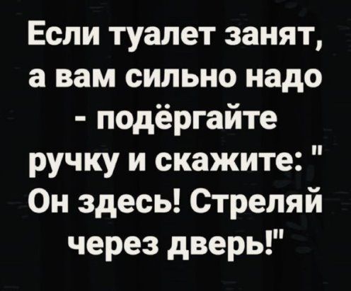Если туалет занят а вам сильно надо подёргайте ручку и скажите Он здесь Стреляй через дверь