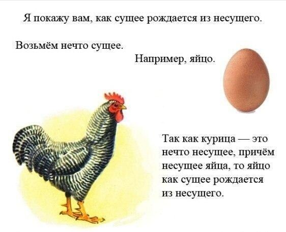 Я покажу вам как сущее рождается из неСУЩего_ Возьмём нечто сущее Например яйцо Так как курица _ это нечто несущее причём несущее яйца то яйцо как сущее рождается из несущего