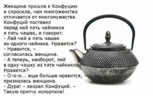 Женщина пришла Конфуцию и спросила чеи многоженство отличается от ино гоиужесгва конфуЦип поставил перед ней пять чайииков И пять чашек И говорит Лей чай в пять чашек из одного чайника Нравится НРЭБИТСЯ согласилась женщина А теперь наоборот леи одну чашку иа пяги чайнико Нравится о о о еще больше нравится призналась женщина дура заорал КоиФУЦии Такую притчу испоргила