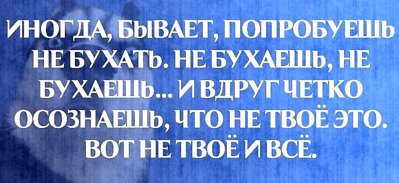 ИНОГДА БЫВАЕТ ПОПРОБУЕЩЬ НЕ БУХАТЬ НЕ БУХАЕШЬ НЕ БУХАЕШЬ И ВДРУГ ЧЕТКО ОСОЗНАЕШЬ ЧТО НЕ ТВОЕ ЭТО ВОТПНЕ ТВОЕ И ВСЕ