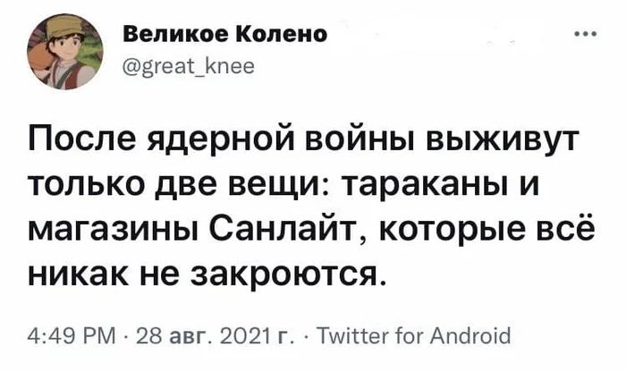 Великое Колено геат_пее После ядерной войны выживут только две вещи тараканы и магазины Санлайт которые всё никак не закроются 449 РМ 28 авг 2021 г Тіттегіог Апбгоіа