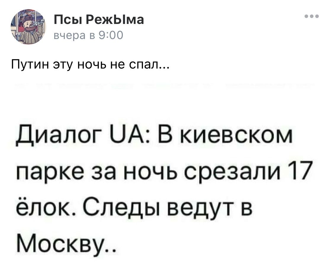 Псы РежЫма вчеравЭ00 Путин эту ночь не спал Диалог ЦА В киевском парке за ночь срезали 17 ёлок Следы ведут в Москву