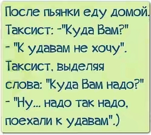 Поспе пьянки еду домой Таксист Куда Вам удавам не хочу Таксист выделяя слова Куда Вам надо Ну надо так надо поехали к удавам