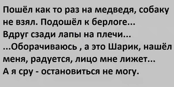 Пошёл как то раз на медведя собаку не взял Подошёл к берлоге Вдруг сзади лапы на плечи Оборачиваюсь а это Шарик нашёл меня радуется лицо мне лижет А я сру остановиться не могу