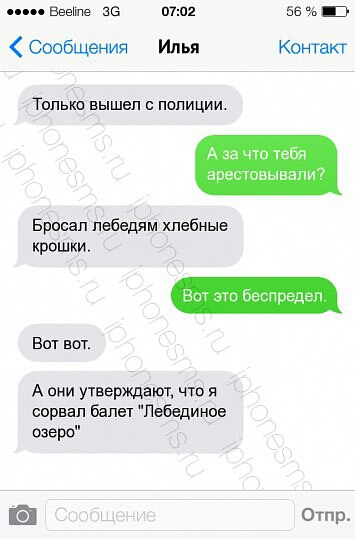 Ввеипе 35 1702 56 Э Сообщения Илья Контакт Только вышел в полиции А за то тебя асетовывапи 7 Бросая пебедям хлебные крошки в т радеп Вот вот А они утверждают что я сорвал балет Лебединое озеро Ш 0тпр