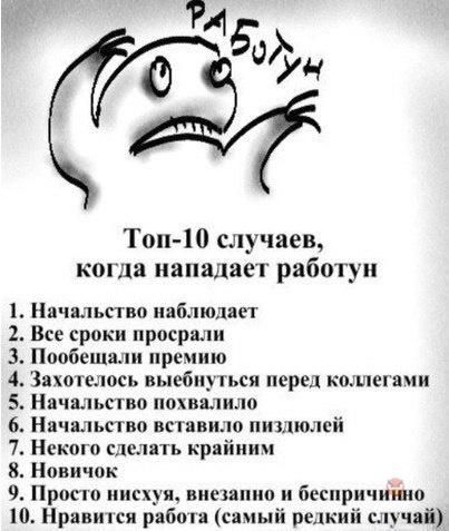 14 ви Топ 10 случаев когда нападает работун Нпчпьство наблюдает 2 Все сроки просрали 3 Пообешали премию 4 Зихопелось иыебиуіьси перед кшшегачи 5 Начальство пищило 6 Нячальство нсгявило иииюлсй 7 Некого следить краііиии 8 Новичок 9 Пропо инк хуи пианино и беспричинно Ш Нравипся рабица самый редкий с чай