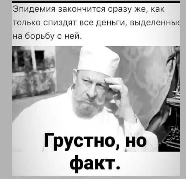 Эпидемия закончится сразу же как только спиздят все день выделенные на борьбу с ней Грустно но факт