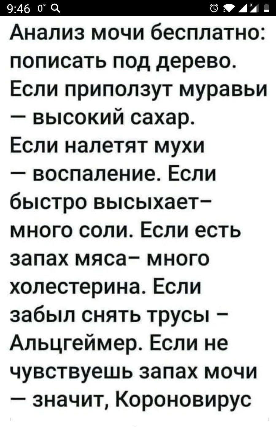 Анализ мочи бесплатно пописать под дерево Если приползут муравьи высокий сахар Если налетят мухи воспаление Если быстро высыхает много соли Если есть запах мяса много холестерина Если забыл снять трусы Альцгеймер Если не чувствуешь запах мочи значит Короновирус