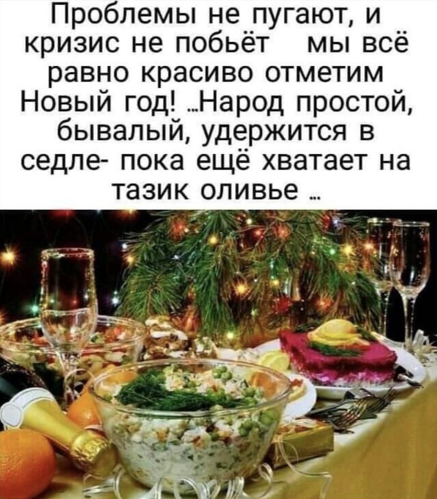 Проблемы не пугают и кризис не побьёт мы всё равно красиво отметим Новый год Народ простой бывалый удержится в седле пока ещё хватает на тазик оливье