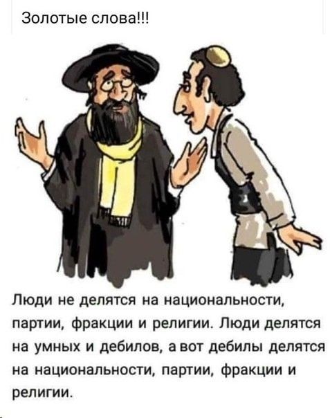 Золотые слова Люди не делятся на национальности партии Фракции и религии Люди делятся на умных и дебилов а вот дебилы делятся на национальности партии фракции и РЕЛИГИИ