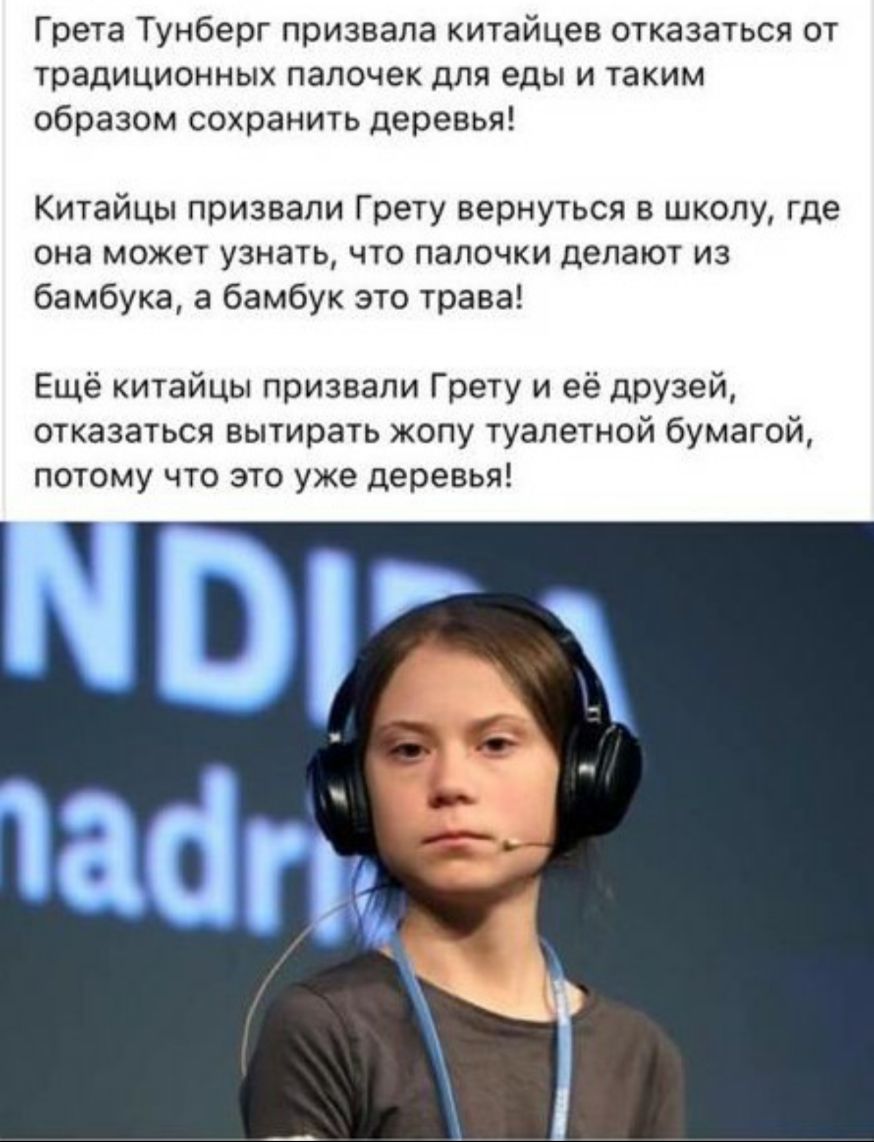 Грета Тунберг призвала китайцев отказаться от традиционных палочек для еды и таким образом сохранить деревья Китайцы призвали Грету вернуться в школу где она может узнать что папочки делают из бамбука а бамбук это трава Ещё китайцы призвали Грету и её друзей отказаться вытирать жопу туалетной бумагой потому что это уже деревья