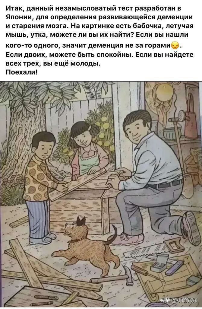 Итак данный незамысловатый тест разработан в Японии для определения развивающейся деменции и старения мозга На картинке есть бабочка летучая мышь утка можете ли вы их найти Если вы нашли когото одного значит деменция не за горами Если двоих можете быть спокойны Если вы найдете всех трех вы ещё молоды Поехали