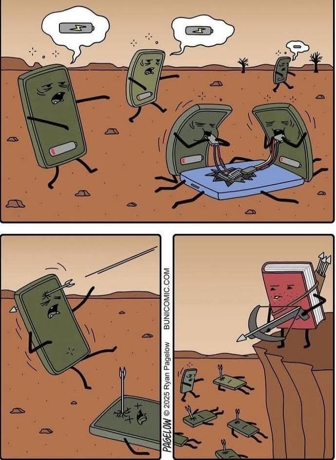 Комикс: батарейки-солдаты в пустыне, один активирует другой лагерь.
