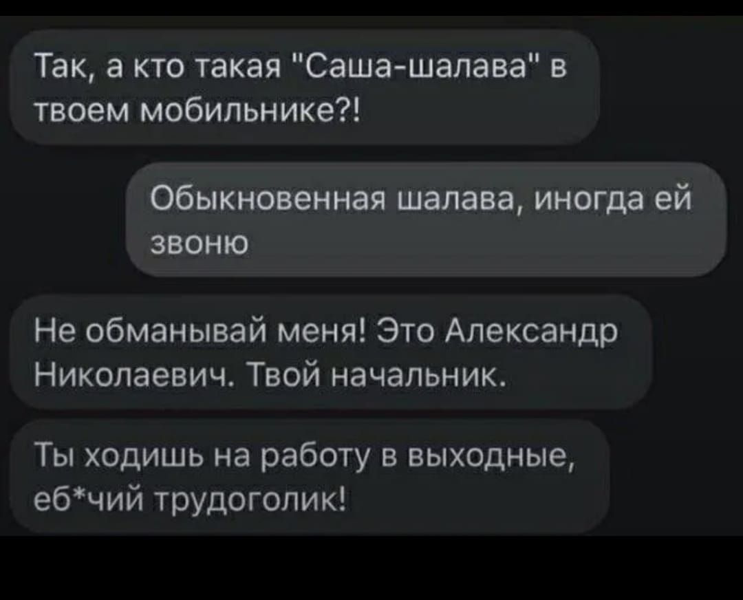 Так, а кто такая 'Саша-шалава' в твоем мобиле?! Обыкновенная шалава, иногда ей звоню Не обманывай меня! Это Александр Николаевич. Твой начальник. Ты ходишь на работу в выходные, ебучий трудоголик!