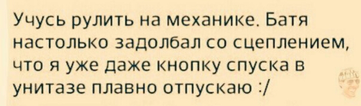 Учусь рулить на механике Батя настолько задолбал со сцеплением что я уже даже кнопку спуска в унитазе плавно отпускаю