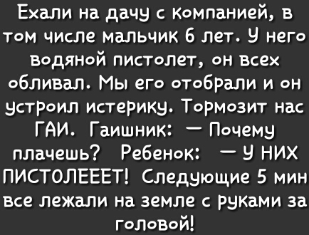 Ехали на дачу с Компанией в том числе мальчик 6 лет В него водяной пистолет он Всех обливал Мы его отобрали и он встроил истерику Тормозит нас ГАИ Гаишник Почему плачешь Ребенок _ В них ПИСТОЛЕЕЕТ Следующие 5 мин все лежали на земле с РБКами за головой