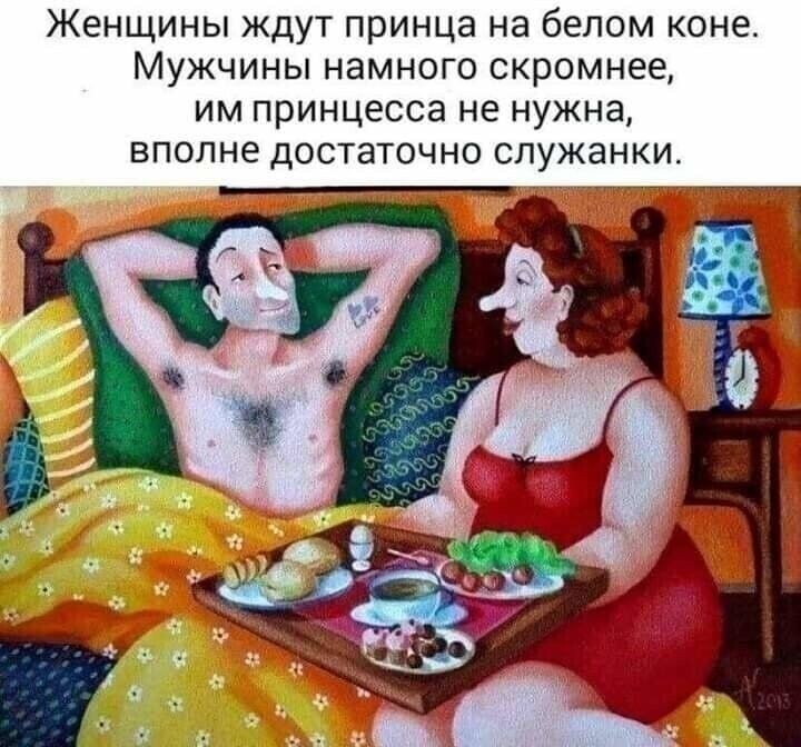 Женщины ждут принца на белом коне Мужчины намного скромнее им принцесса не нужна вполне достаточно служанки _____