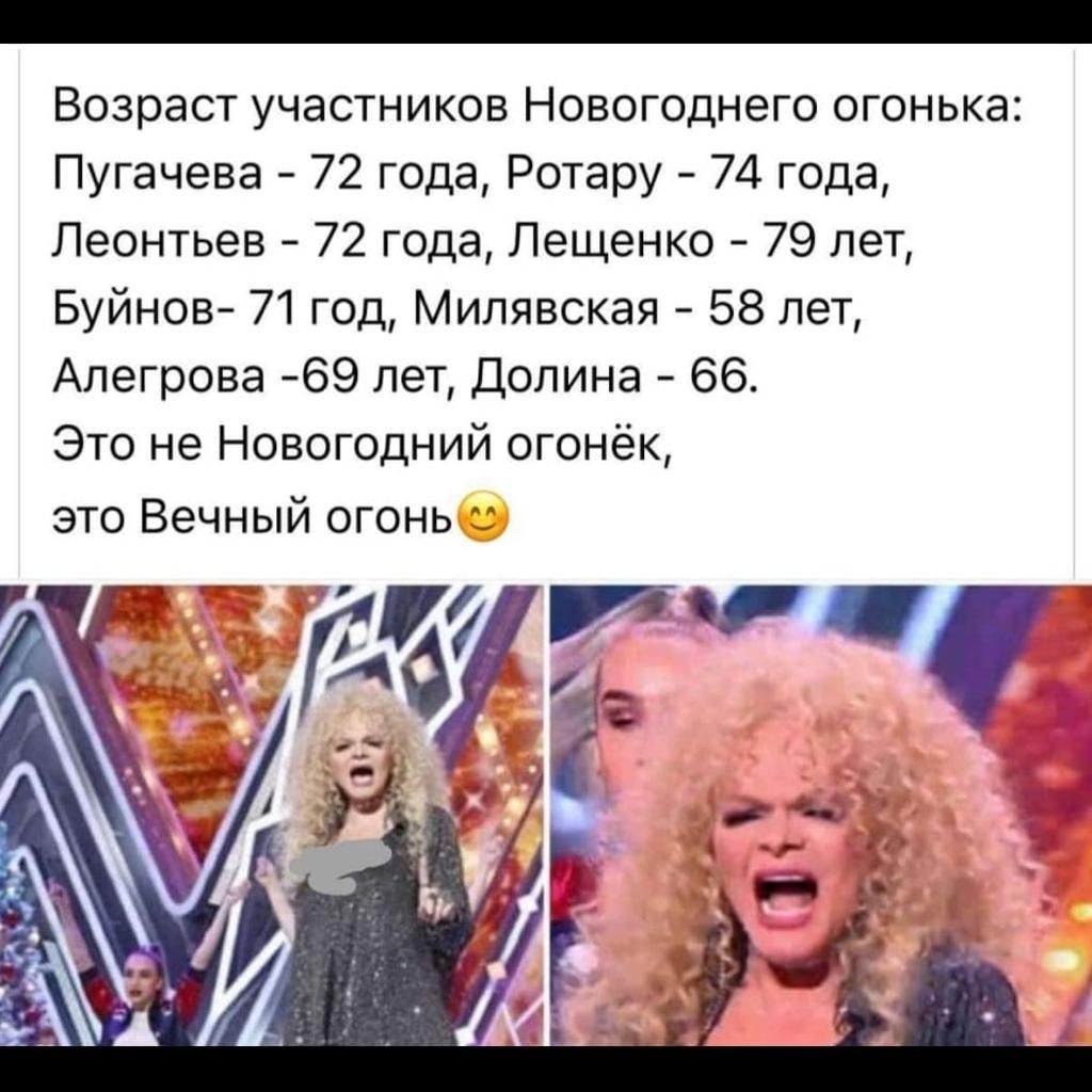Возраст участников Новогоднего огонька Пугачева 72 года Ротару 74 года Леонтьев 72 года Лещенко 79 лет Буйнов 71 год Милявская 58 лет Алегрова 69 лет Долина 66 Это не Новогодний огонёк это Вечный огонь 3 кг