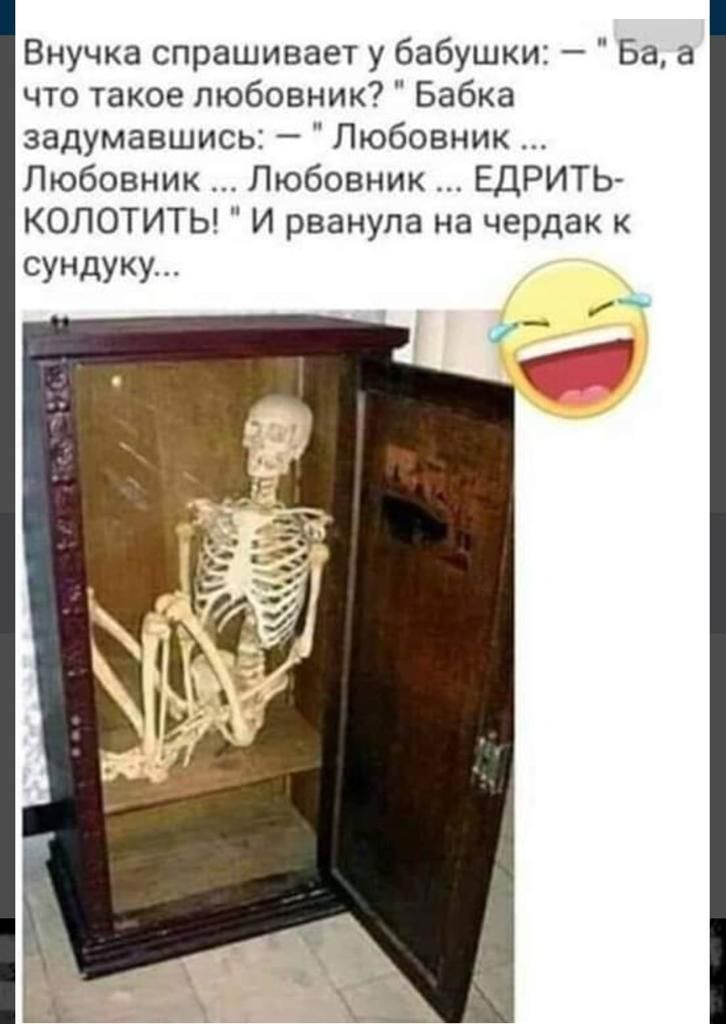 Внучка спрашивает у бабушки Ба а что такое любовник Бабка задумавшисьі Любовник Любовник Любовник ЕДРИТЬ КОЛОТИТЬ И рванула на чердак к сундуку