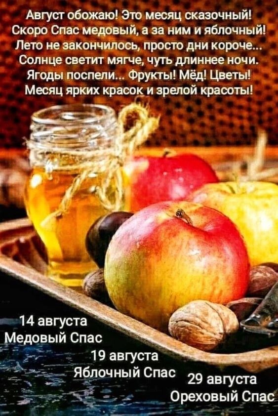 Август обожаю это месяц заочный Скоро Спас медовый зн ним и яблочный Лею ие закончилось просто дни короче Солнце ояетит мягче чу1ъ длиииве ночи Ягоды послуги Фрукты Мёд Цветы Месяц ярких краш и зрелой красоты 14августа Медорый Спас Ореховый Спас