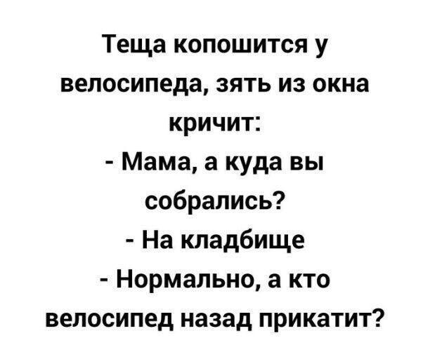Теща копошится у велосипеда зять из окна кричит Мама а куда вы собрались На кладбище Нормально а кто велосипед назад прикатит