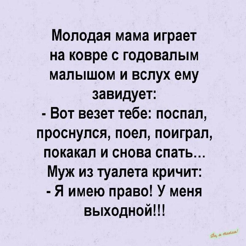 Молодая мама играет на ковре с годовапым малышом и вслух ему завидует Вот везет тебе поспал проснулся поел поиграл покакап и снова спать Муж из туалета кричит Я имею право У меня выходной