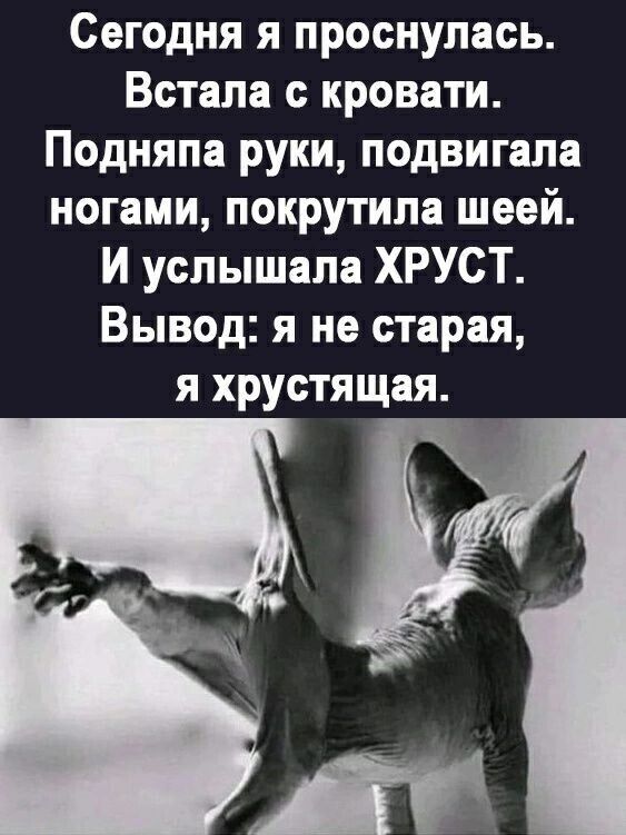 Сегодня я проснулась Встала кровати Подняпа руки подвигапа ногами покрутила шеей И услышала ХРУСТ Вывод я не старая я хрустящая