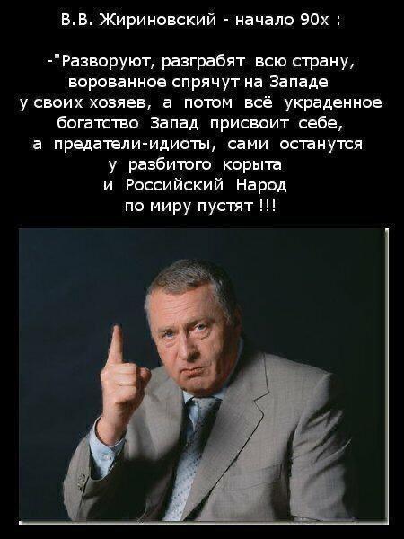 ББ Жириновский начало 90х Разворуют разграбят всю страну ворованное спрячут на Западе усвоих хозяев а потом всё украденное богатство Запад присвоит себе а предатели идиоты сами останутся у разбитого корыта и Российский Народ по миру пустят