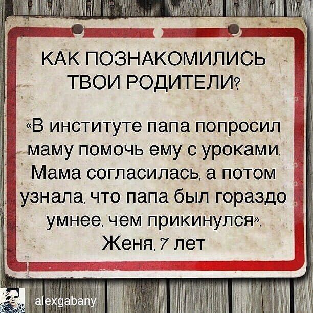 гг вт КАК ПОЗНАКОМИЛИСЬ ТВОИ РОДИТЕЛИ В институте папа попросил маму помочь ему с уроками 1 1 Мама согласилась а потом 1 узнала что папа был гораздо Ц умнее чем прикинулся Женя 7 лет