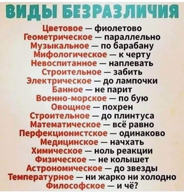 Цветовое фиолетово Геометрическое па аллельио Музыкальное по арабаиу Мифологическое к черту Невоспитаииое наплевать Строительное забить Электрическое до лампочки Банное не парит Военноморское по бую 0 ощиое похрен Строительное до плинтуса Математическое всё равно Перфекциоиистское одинаково Медицинское пачкать Химическое ноль реакции Физическое не колышет Астрономическое до звезды атхрное ни жарко