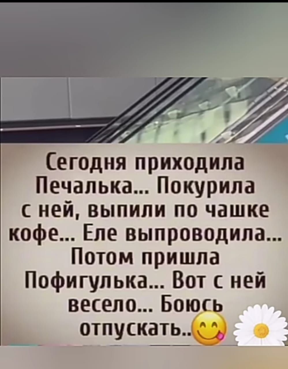 Сегодня приходила Печапька Покурипа ней выпили по чашке кофе Еле выпроводипа Потом пришла Пофигупька Вот с ней весело Боюсь отпускать _