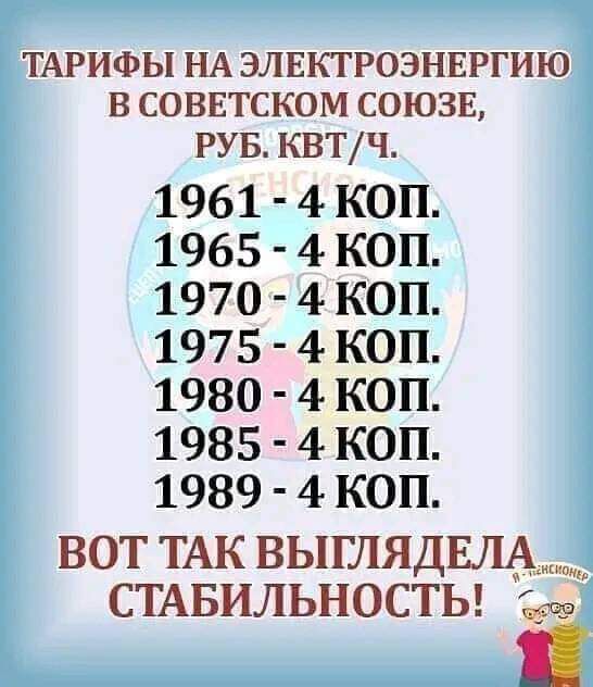 ТАРИФЫ НА ЭЛЕКТРОЭНЕРГИЮ В СОВЕТСКОМ СОЮЗЕ РУБ КВТ Ч 1961 4 КОП 1965 4 КОП 1970 4 КОП 1975 4 КОП 1980 4 КОП 1985 4 КОП 1989 4 КОП ВОТ ТАК ВЫГЛЯДЕЛА_ СТАБИЛЬНОСТЬ