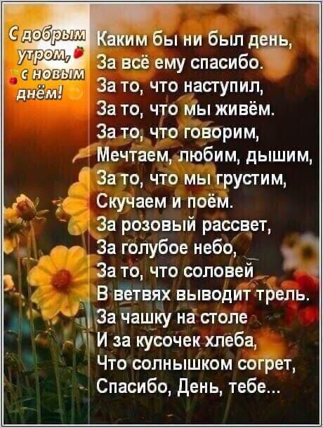 д Ёким бы ни был день А За всё ему спасибо днём За то что наступил За то что мы живём За то что говорим Мечтаем любим дышим За то что мы грустим _ Скучаем и поём За розовый рассвет За голубое небо __ За то что соловей В ветвях выводит трель За чашку на сголе И за кусочек хлеба Что солнышком согрет Спасибо день тебе