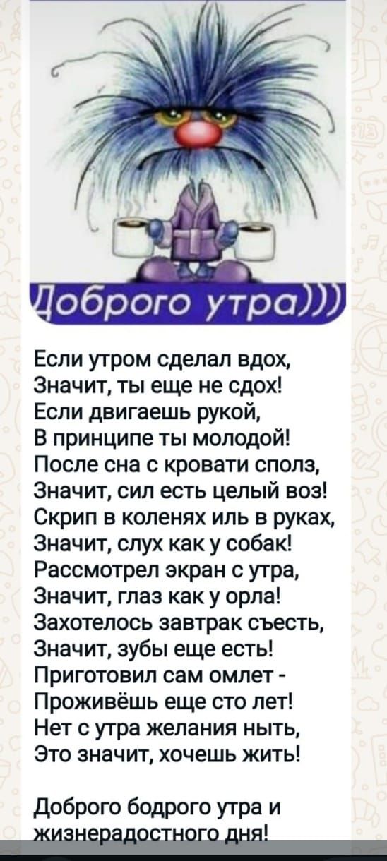 Если утром сделал вдох Значит ты еще не сдох Если двигаешь рукой В принципе ты молодой После сна с кровати сполз Значит сил есть целый воз Скрип в коленях иль в руках Значит слух как у собак Рассмотрел экран с утра Значит глаз как у орла Захотелось завтрак съесть Значит зубы еще есть Приготовил сам омлет Проживёшь еще сто лет Нет с утра желания ныт