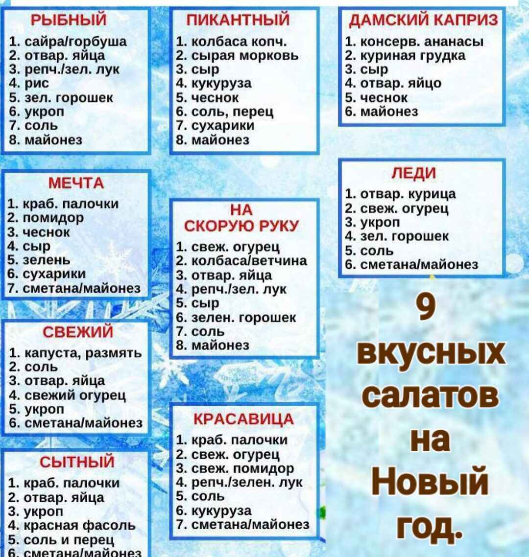 РЫБНЫЙ Е ой отодо пр ПИКАНТНЫЙ ДАМСКИЙ КАПРИЗ колбаса копч 1 консерв ананасы 2 сырая морковь 2 куриная грудка З сыр З сыр 4 кукуруза отвар яйцо 5 чеснок 5 чеснок 6 соль перец майонез сухарики В майонез 5 зел горошек 6 укроп 7 соль ЛЕДИ 1 отвар курица свем огурец З укроп зел горошек колбасалнетчина _ 6 сметанамайонез З отвар яйца СОНРДЫЙ Вбыр 9 6 зе