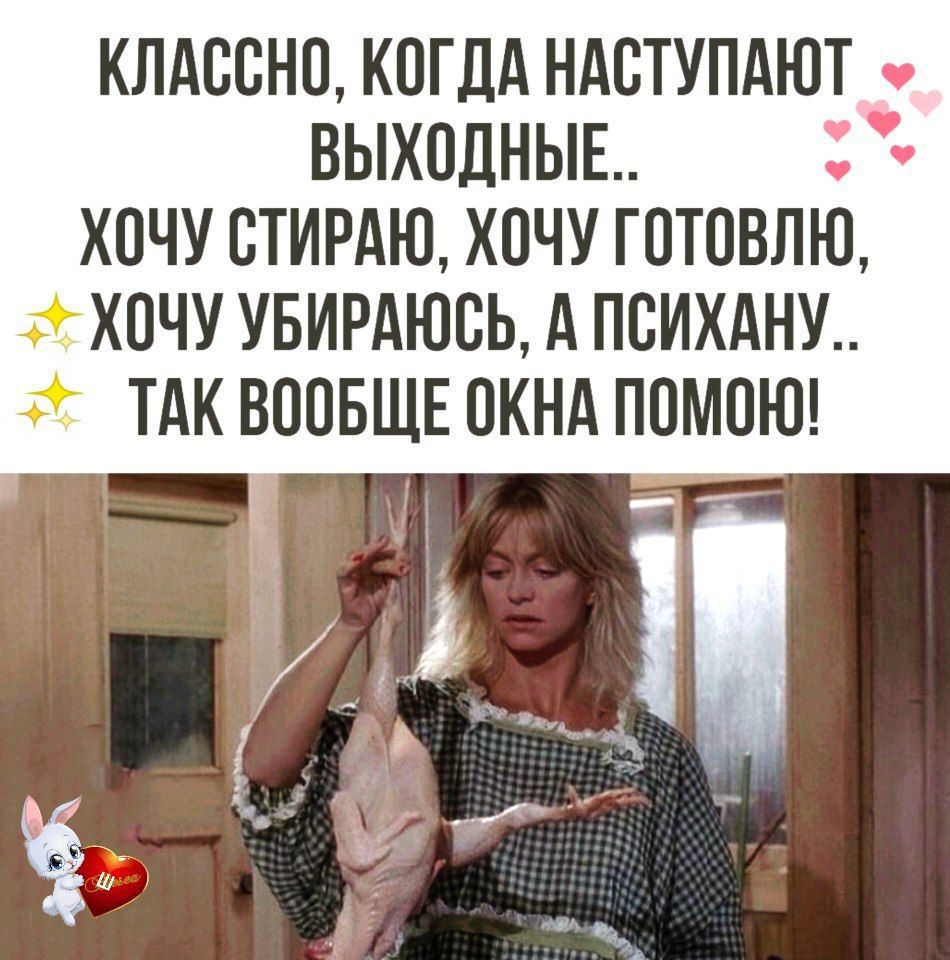 КЛАССНО, КОГДА НАСТУПАЮТ ВЫХОДНЫЕ..
ХОЧУ СТИРАЮ, ХОЧУ ГОТОВЛЮ,
ХОЧУ УБИРАЮСЬ, А ПСИХАНУ..
ТАК ВООБЩЕ ОКНА ПОМООЮ!