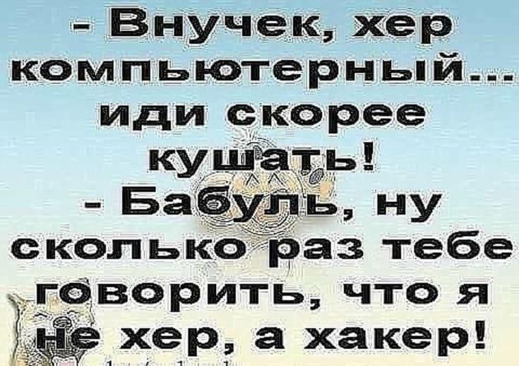 - Внуček, хер компьютерный... иди скорее кушать!
- Бабуль, ну сколько раз тебе говорить, что я не хер, а хакер!