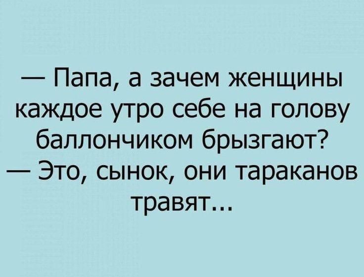 — Папа, а зачем женщины каждое утро себе на голову баллончиком брызгают? — Это, сынок, они тараканов травят...