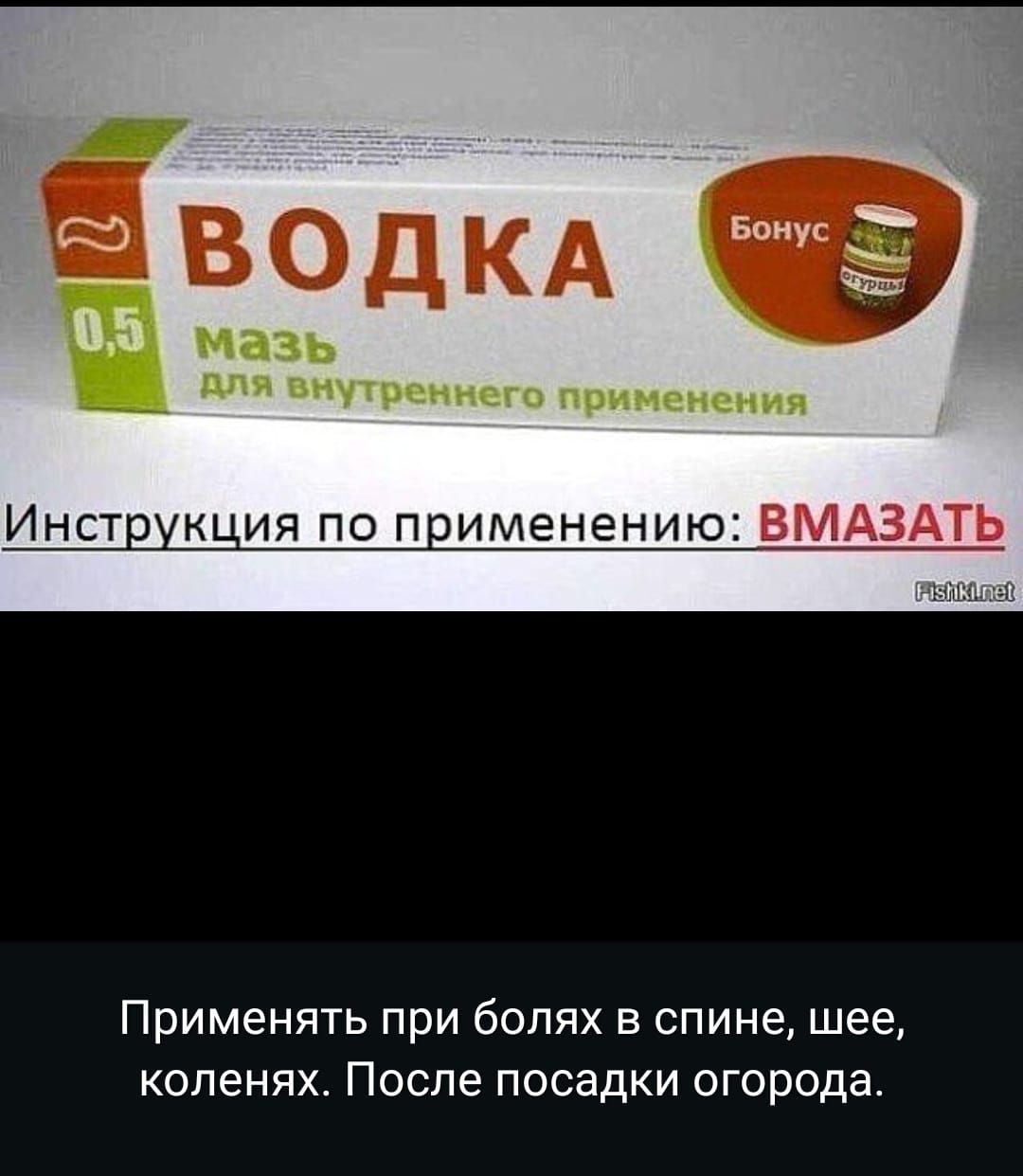 ВОДКА
мазь
для внутреннего применения
Инструкция по применению: ВМАЗАТЬ
Применять при болях в спине, шее, коленях. После посадки огорода.