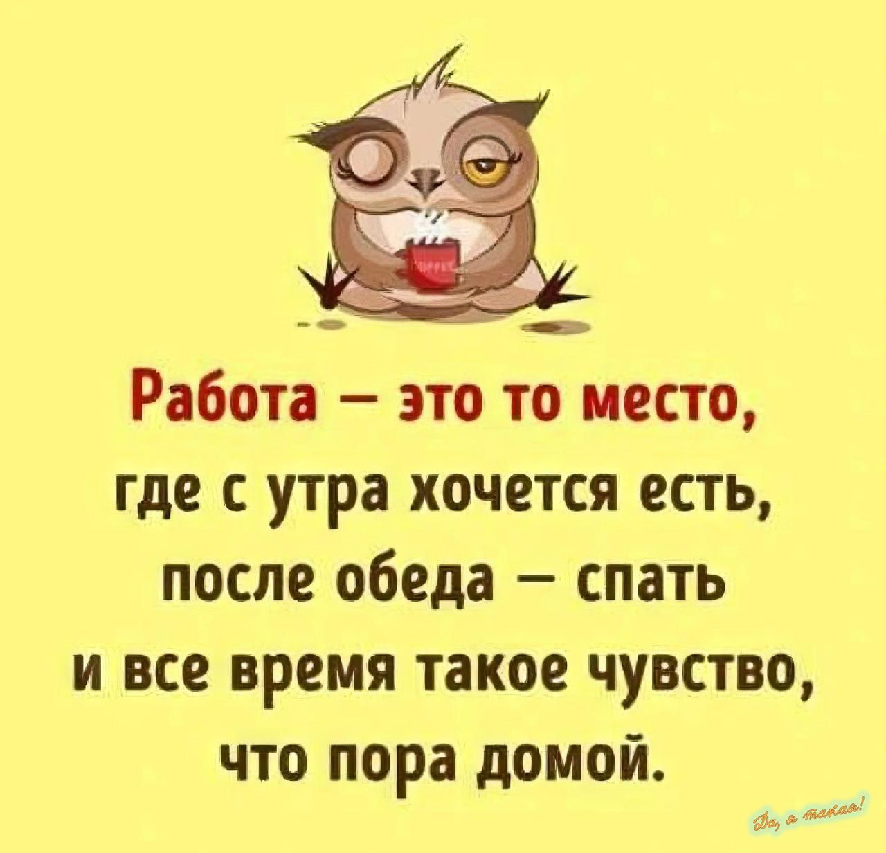 Работа – это то место,
где с утра хочется есть,
после обеда – спать
и все время такое чувство,
что пора домой.