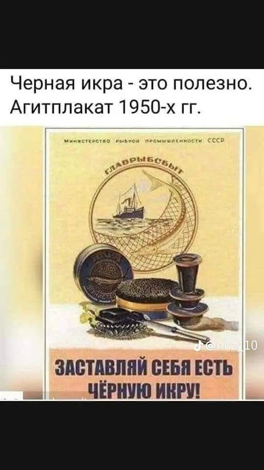 Черная икра - это полезно.
Агитплакат 1950-х гг.
Заставляй себя есть черную икру!