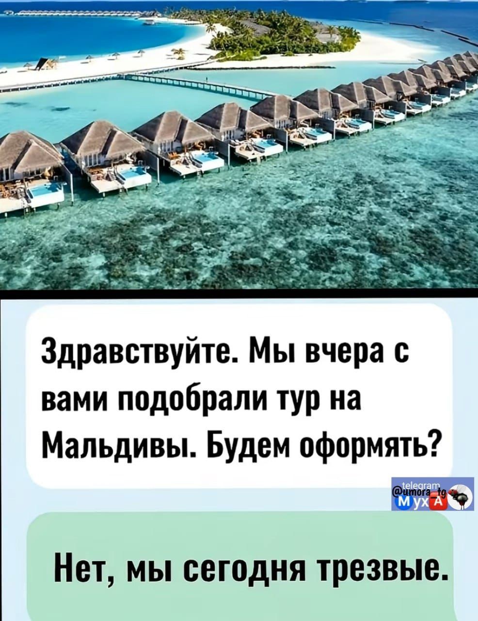 Здравствуйте. Мы вчера с вами подобрали тур на Мальдивы. Будем оформлять? Нет, мы сегодня трезвые.